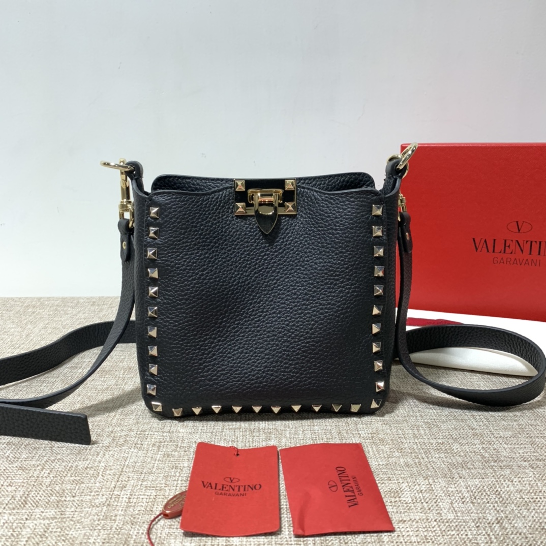 Valentino Black Pebbled Leather Rockstud Flat Hobo Bag
