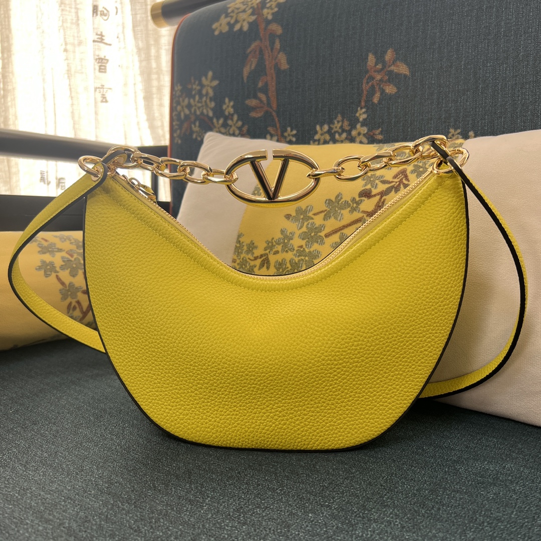 VALENTINO GARAVANI Grainy Calfskin Small Vlogo Moon Hobo YELLOW