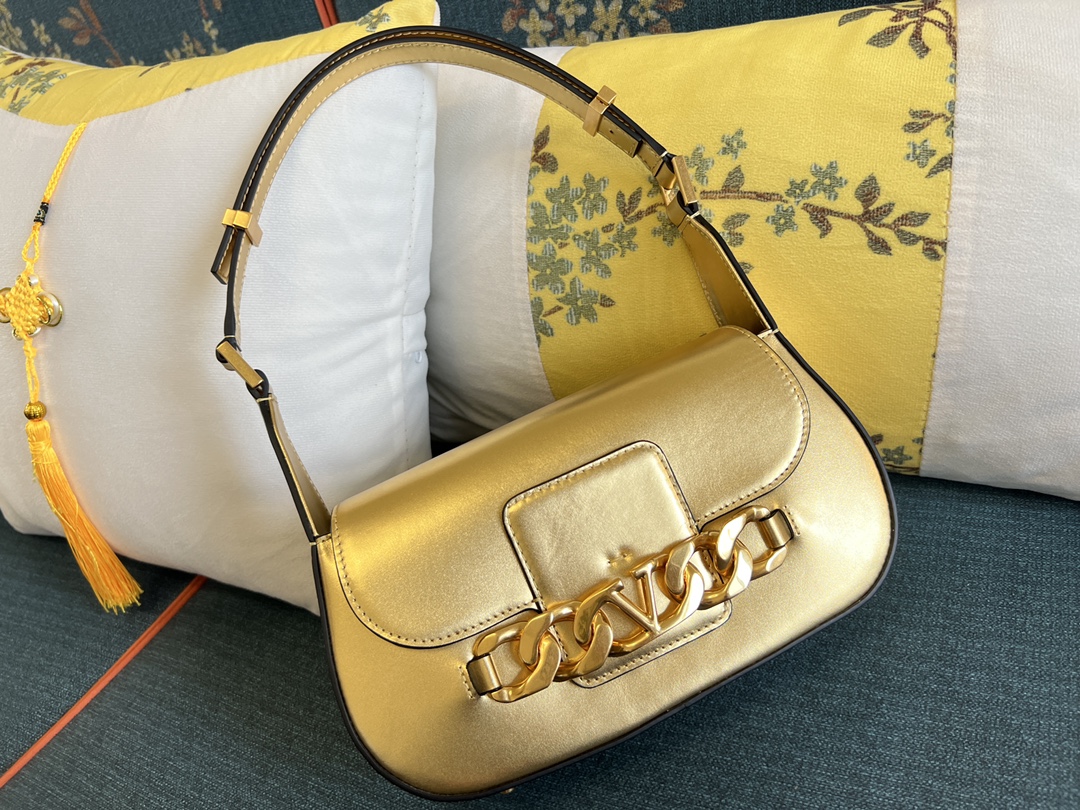 Valentino Gold Leather Vlogo Chain Shoulder Bag Valentino