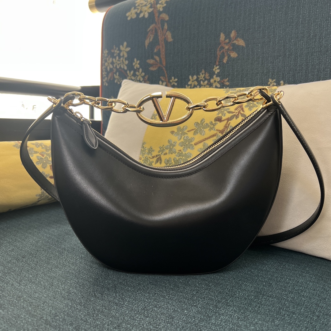 Vlogo Moon Medium Grainy Calfskin Hobo Bag With Chain BLACK