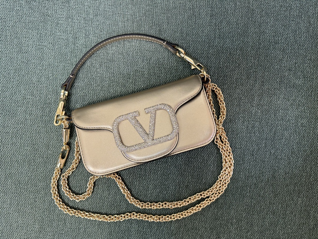VALENTINO GARAVANI Calfskin Crystal Vlogo Small Loco Shoulder Bag Rose Cannelle