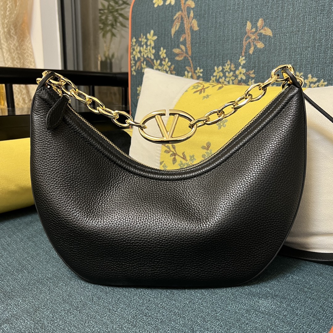 Valentino Garavani Small VLOGO Moon Hobo Bag with Chain | BLACK