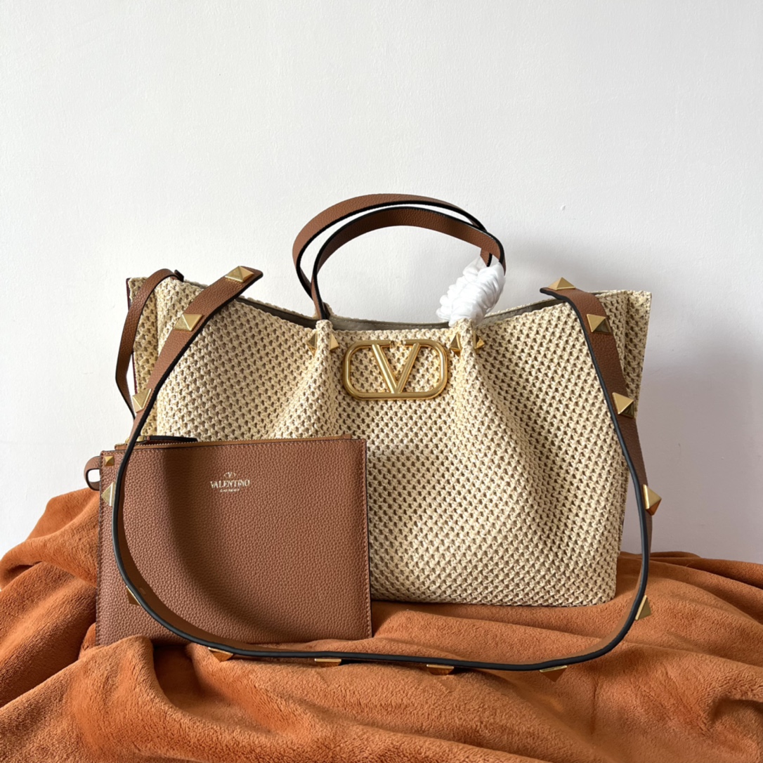 Valentino Medium Straw Summer Tote for Woman in Saddle