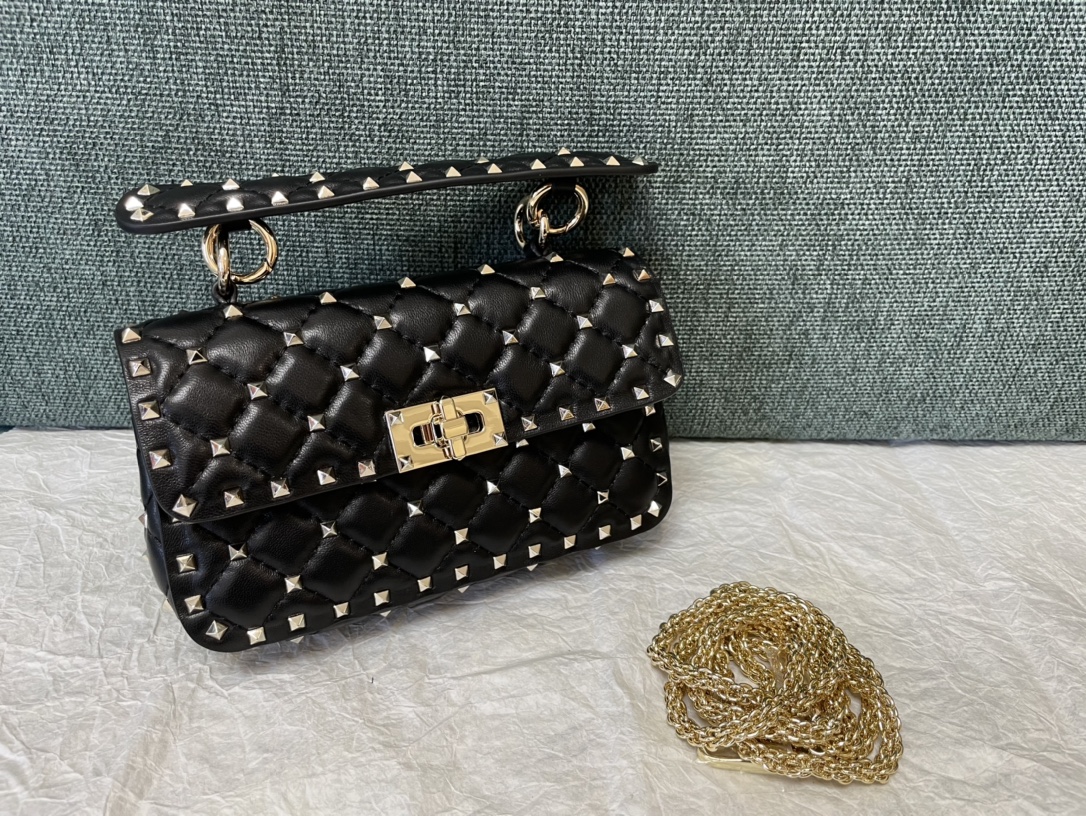 Valentino Black Leather Rockstud Spike Top Handle Bag