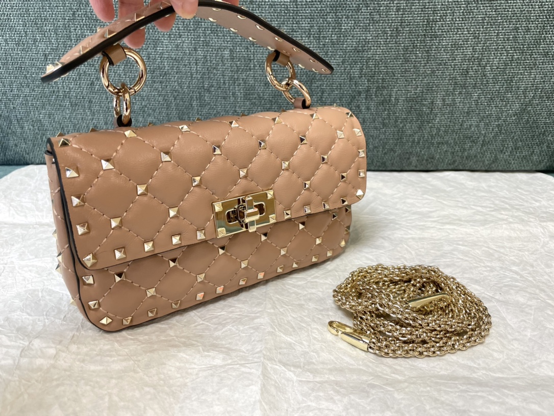 Valentino Beige Leather Rockstud Spike Top Handle Bag
