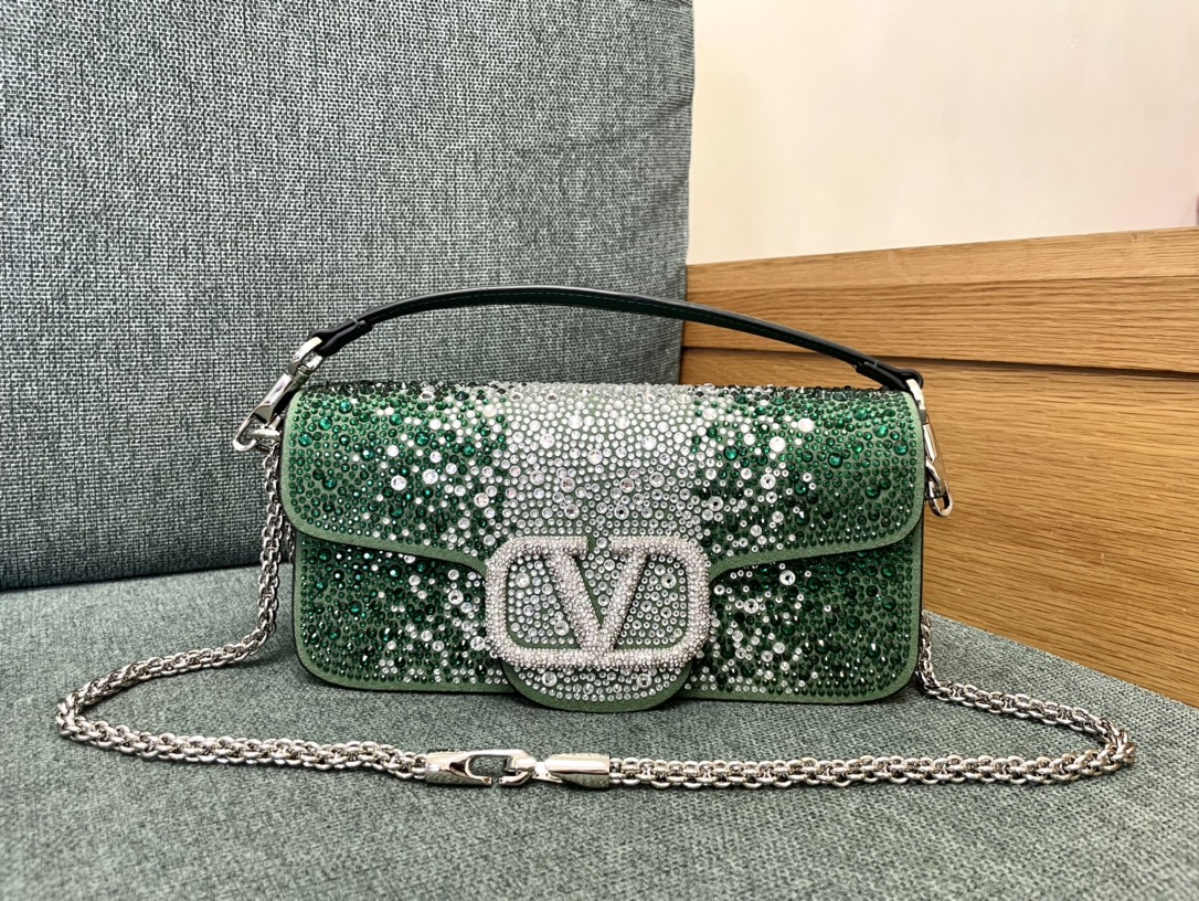 Valentino Garavani Locò Crystal Embellished Beaded Shoulder Bag In Green/crystal SIVER | ModeSens