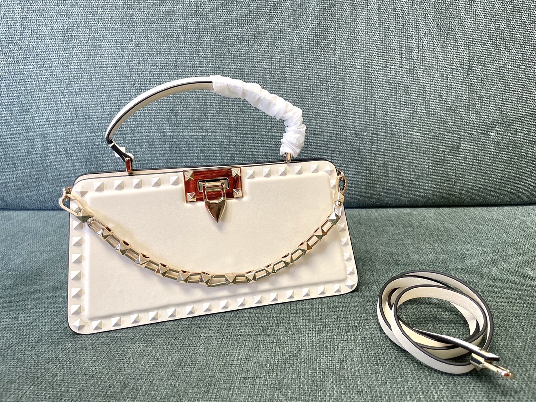 VALENTINO GARAVANI Calfskin Tonal Small Rockstud Top Handle Handbag Ivory