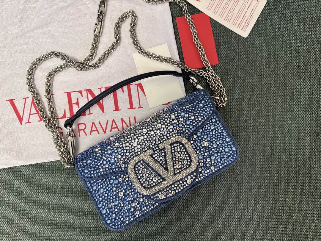 Valentino SMALL VALENTINO GARAVANI LOCÒ DENIM SHOULDER BAG WITH RHINESTONES