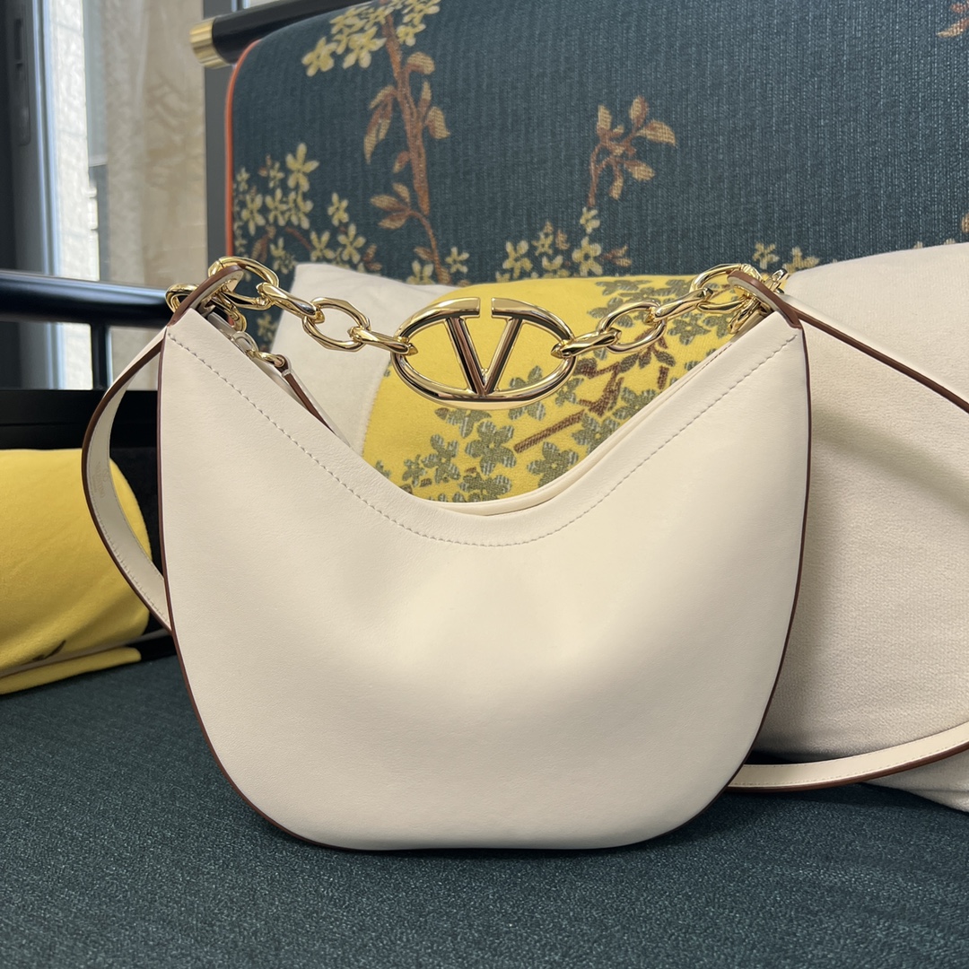 Valentino Vlogo Moon Medium Grainy Calfskin Hobo Bag With Chain for Woman in Almond | Valentin