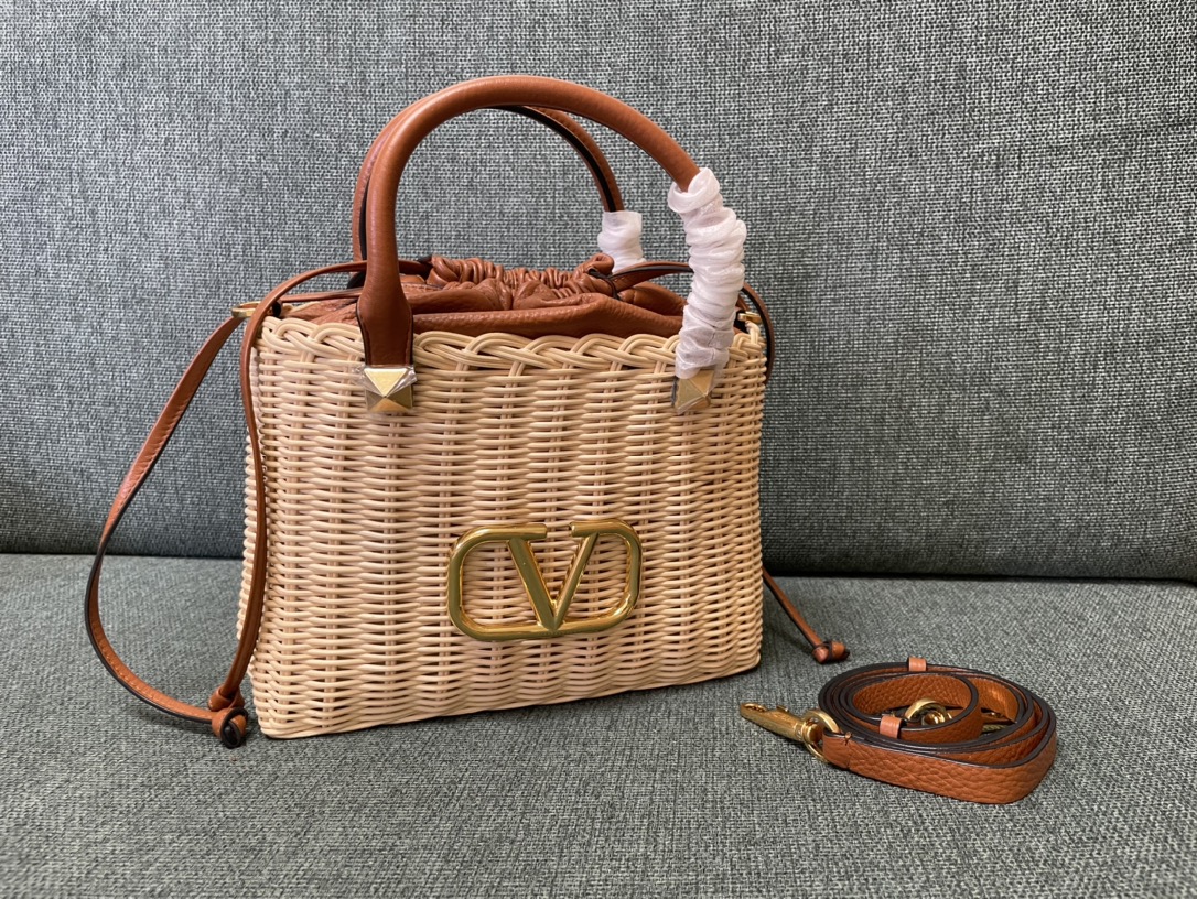 VALENTINO GARAVANI Wicker Vlogo Calfskin Top Handle Bag