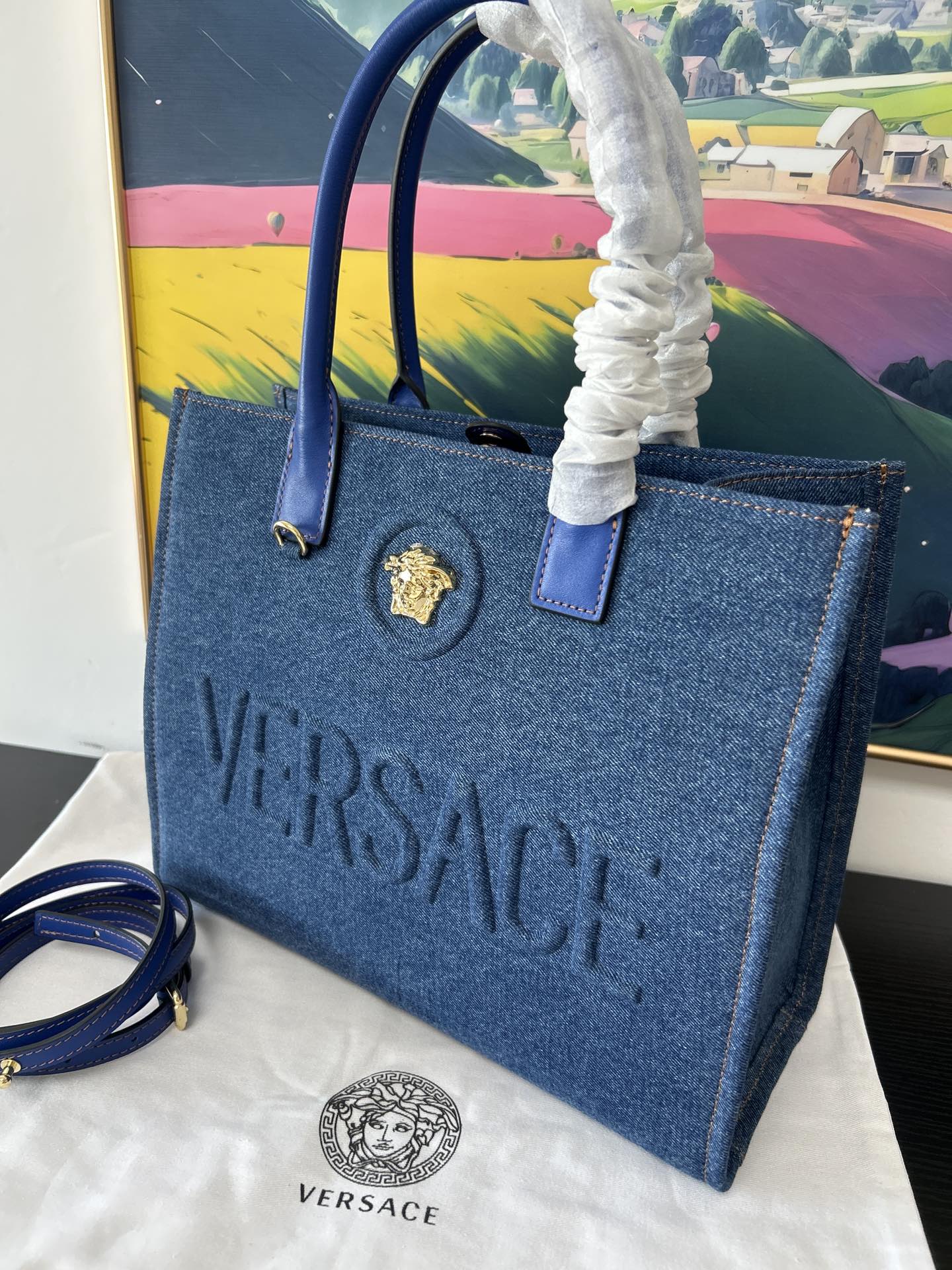 Versace La Medusa Denim Large Tote Bag Blue | VERSACE US