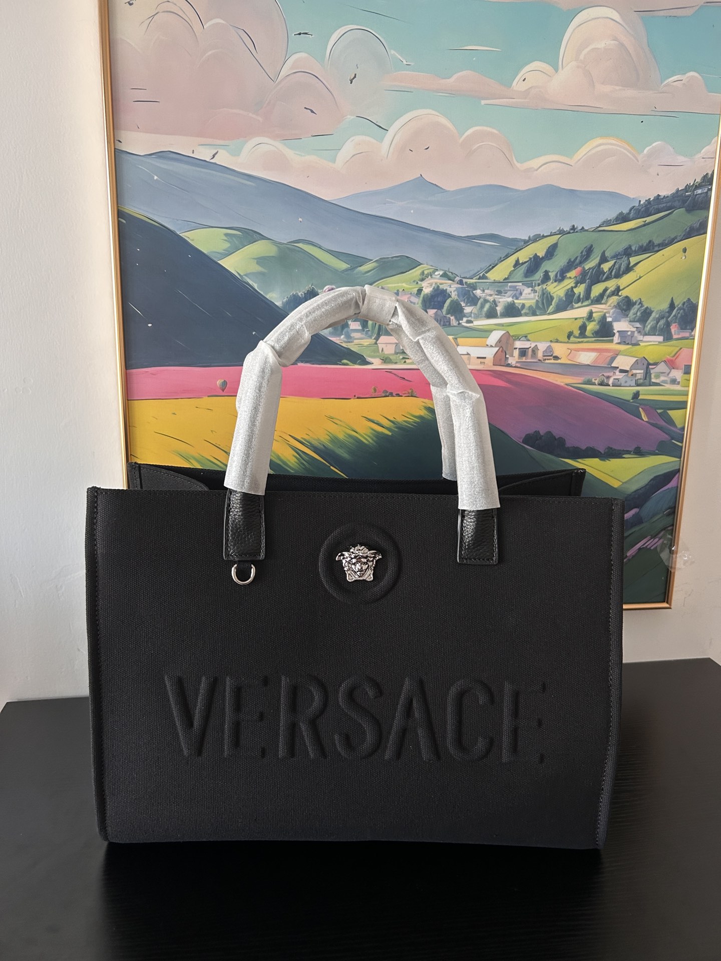 Versace Medusa Large Top Handle Black Canvas Tote Bag