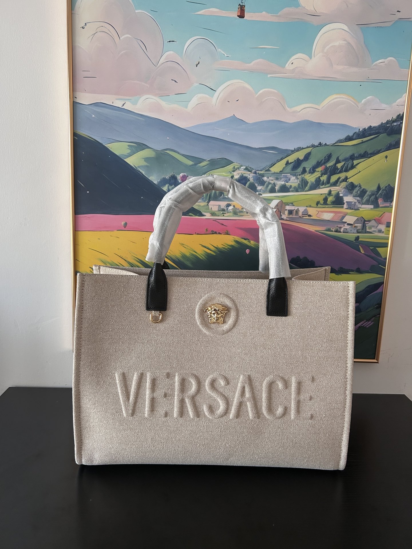 Versace La Medusa Canvas Large Tote Bag Beige | VERSACE US