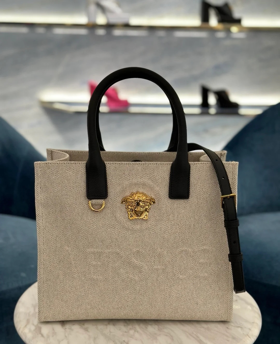 VERSACE Canvas Calfskin La Medusa Small Tote Beige